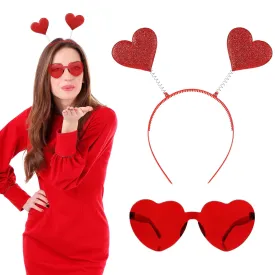 2PCS Red Heart Headband Heart Head Boppers Heart Shape Sunglasses Christmas Accessories For Women Heart Headband Sequins Heart Shaped Headband Cupid Glitter Hair Band For Party