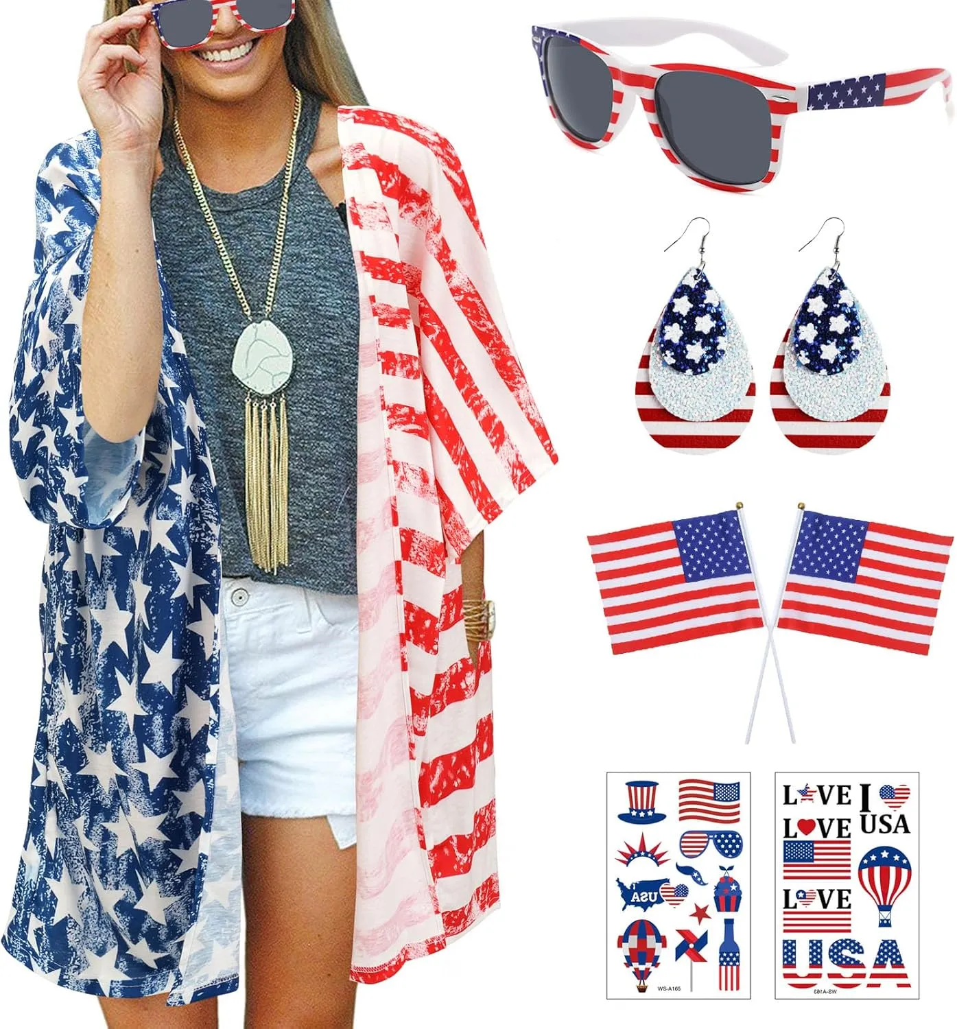 4th of July Women's American Flag Print Kimono Cover Up Cardigan with Accessories