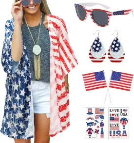 4th of July Women's American Flag Print Kimono Cover Up Cardigan with Accessories