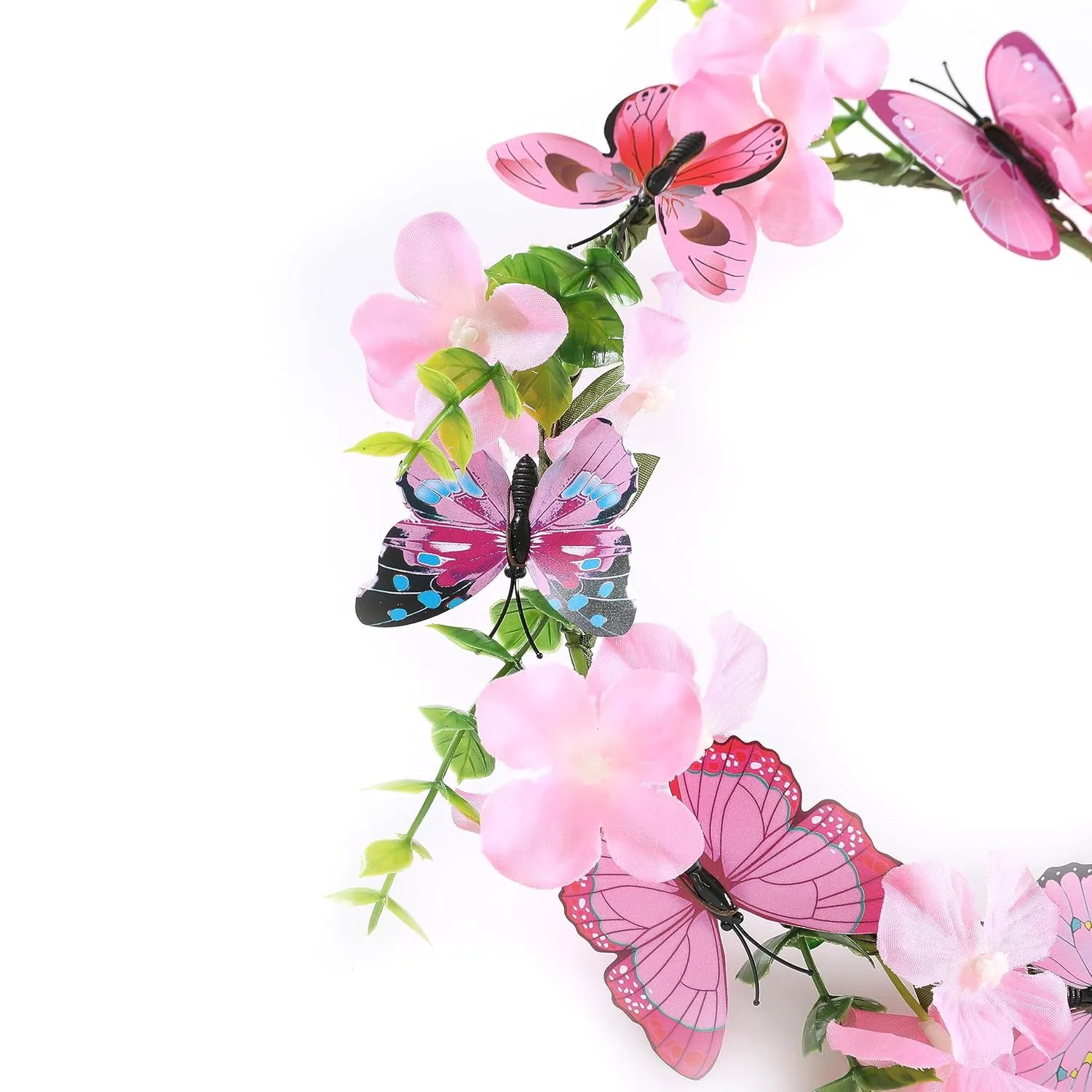 Butterfly Flower Crown for Women Girls Fairy Flower Headband Crown Adjustable Wedding Festival Floral Hair Wreath Pink