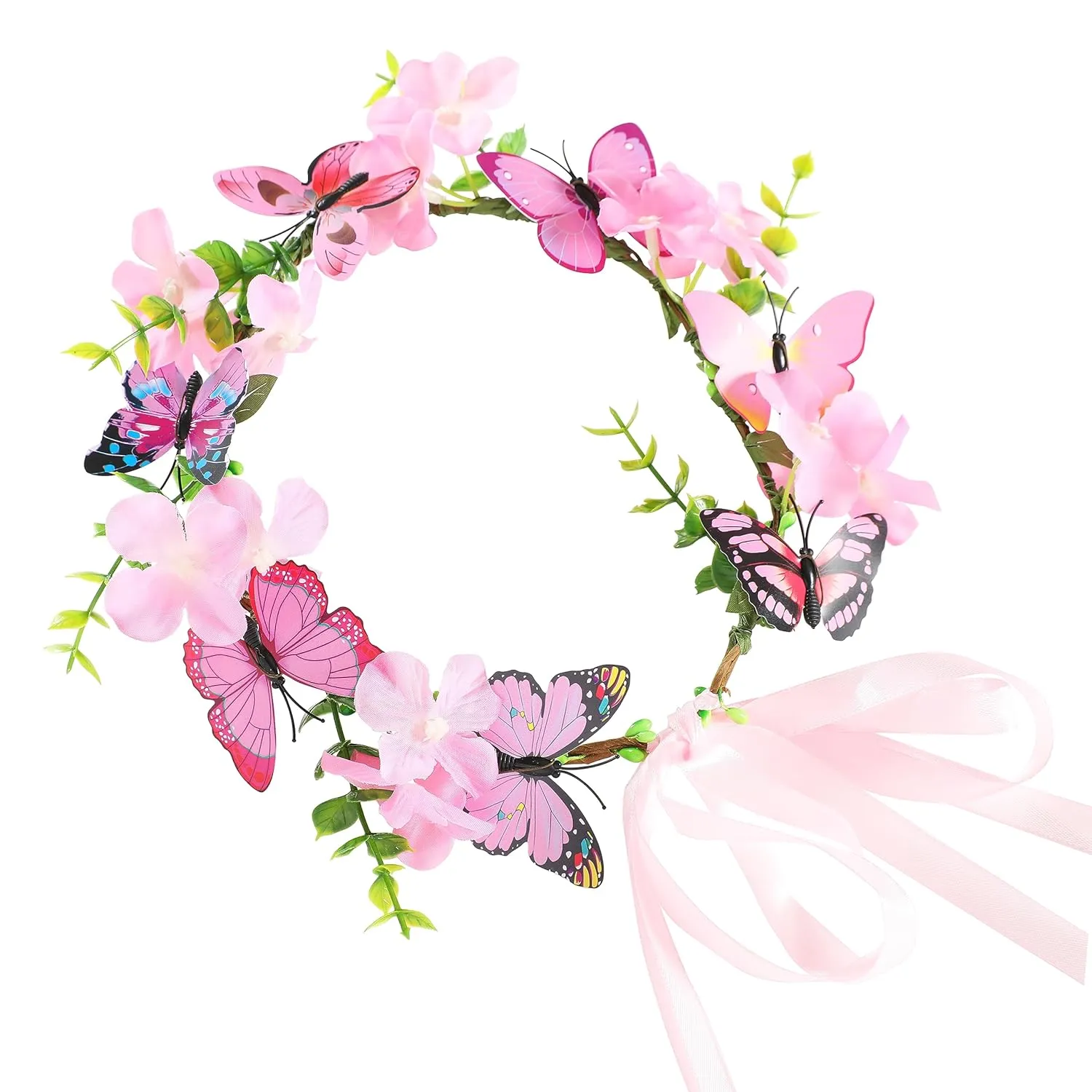 Butterfly Flower Crown for Women Girls Fairy Flower Headband Crown Adjustable Wedding Festival Floral Hair Wreath Pink