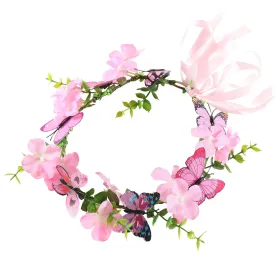 Butterfly Flower Crown for Women Girls Fairy Flower Headband Crown Adjustable Wedding Festival Floral Hair Wreath Pink