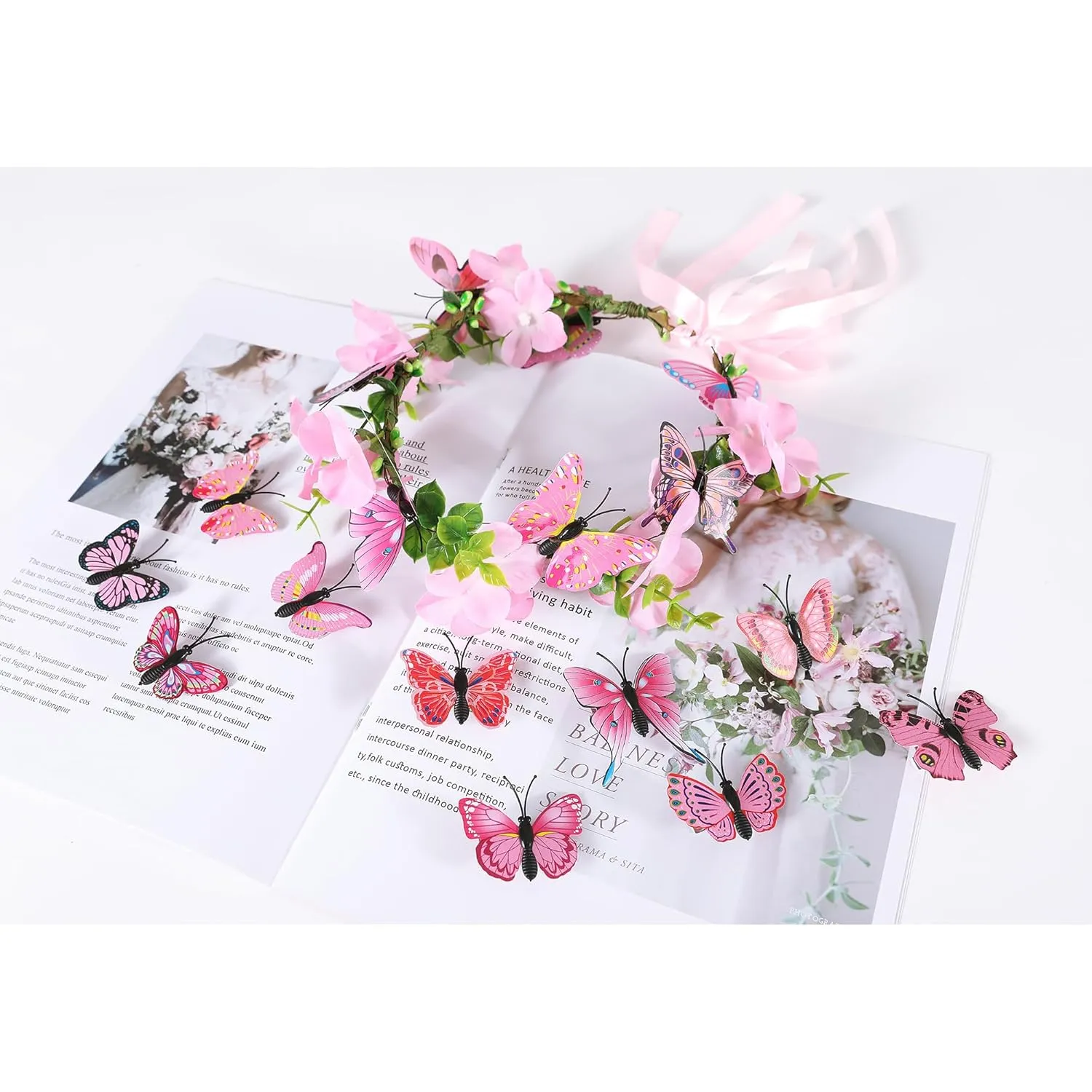 Butterfly Flower Crown for Women Girls Fairy Flower Headband Crown Adjustable Wedding Festival Floral Hair Wreath Pink