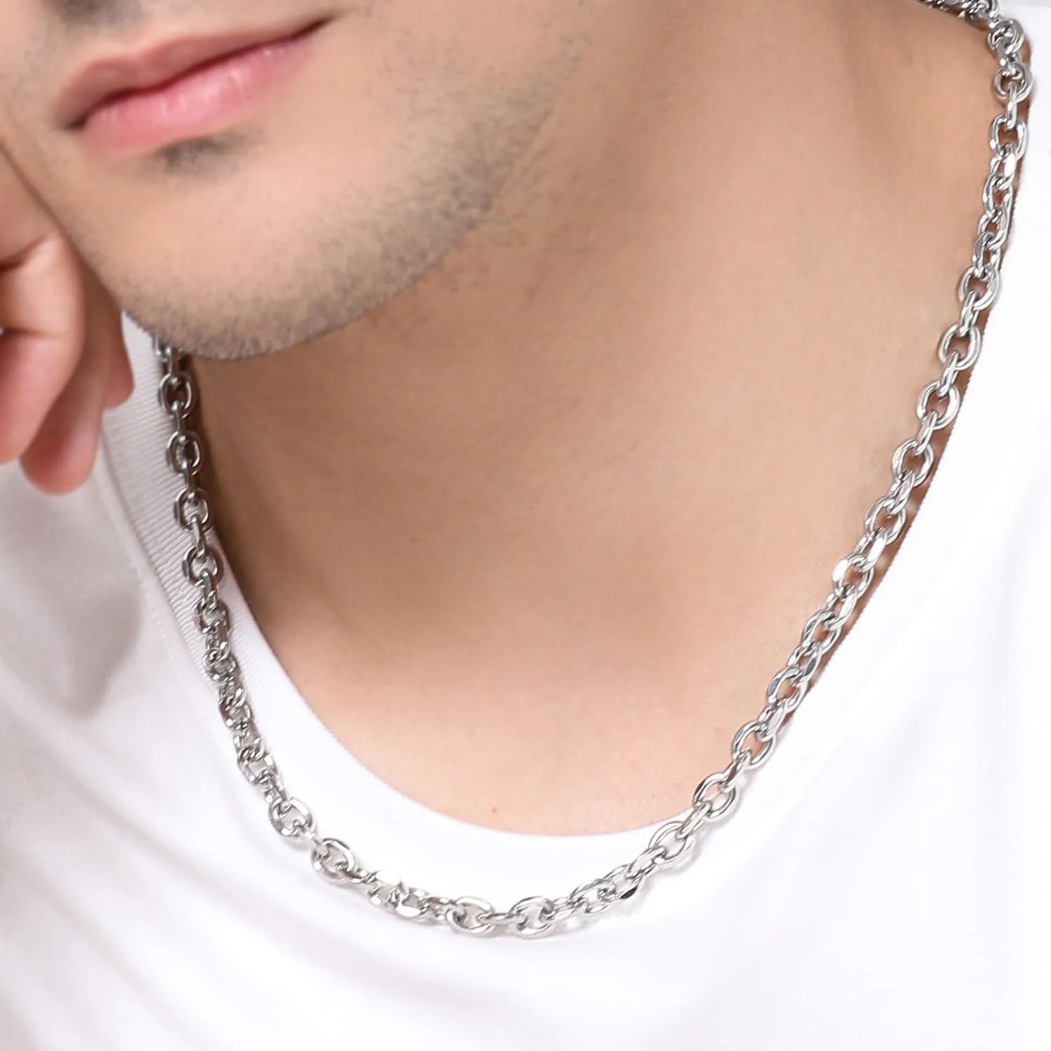 Cable Chain Mens Necklace 5mm Stainless Steel Necklace for Men Silver Rolo Chain 19.7/21.7 Inch Graduation Gifts for Him Mens Jewelry