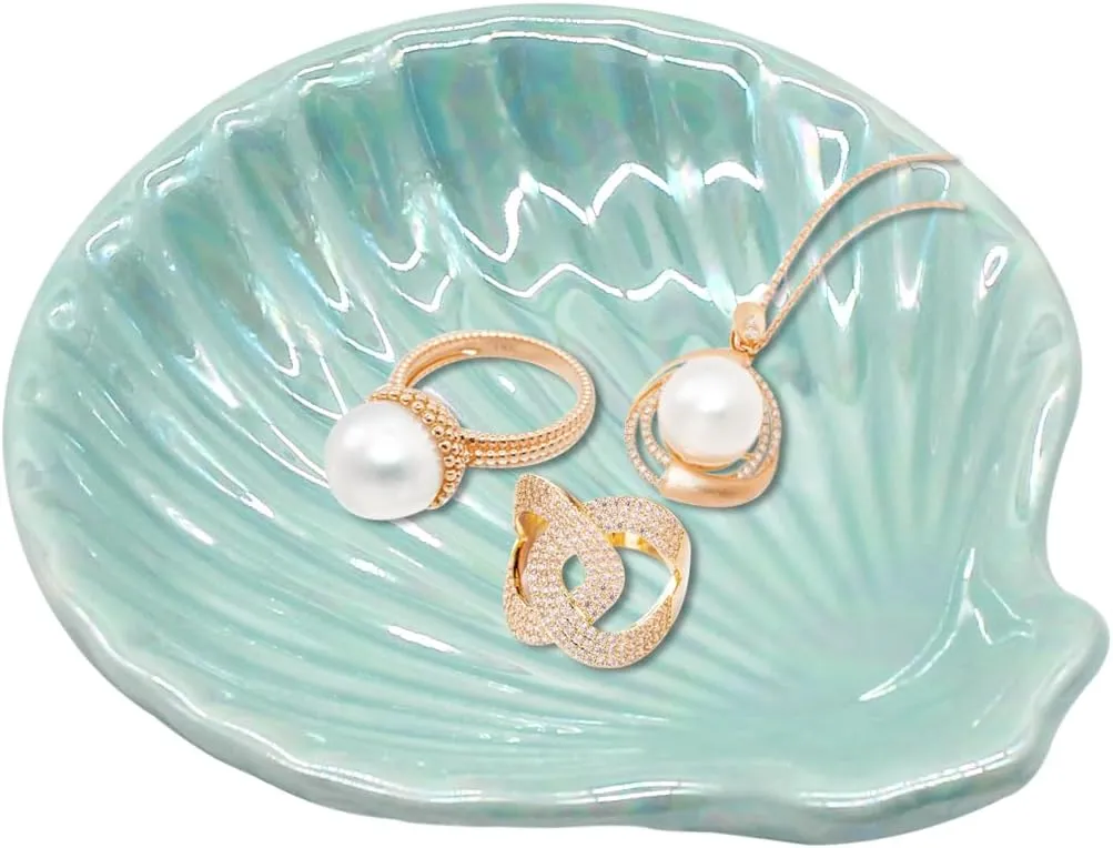 Ceramic Jewelry Tray Trinket Dish, Jewelry Dish for Women, Shell Ceramic Plate, Ring Dish Holder for Earrings Necklace Organizer, Mother's Day Christmas Birthday Gift