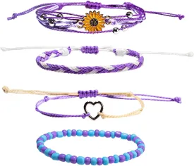COLORFUL BLING 4-Piece Summer Surf Anklet Bracelet Adjustable Chain Braided Rope Bracelet Sunflower Heart Beads Friendship Bracelet Beach Surf Jewelry Girl-C Purple