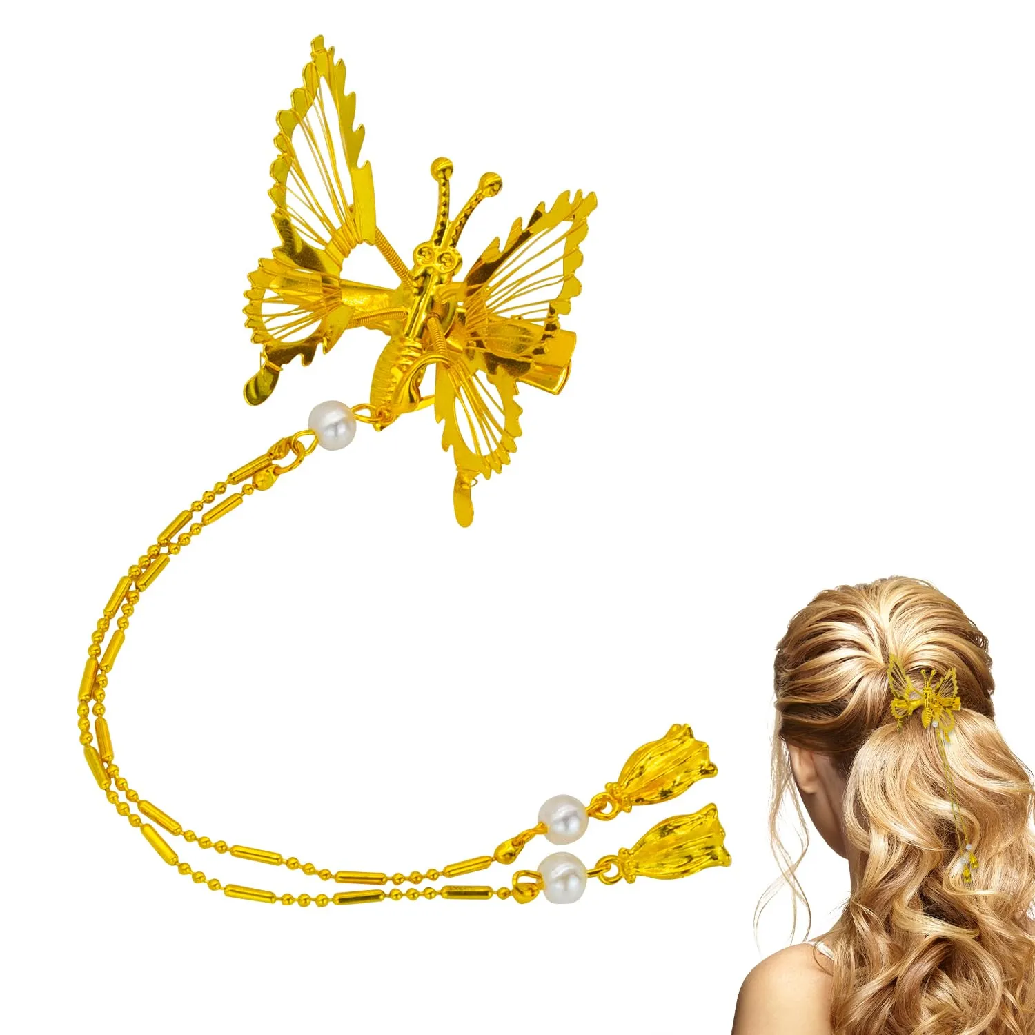 Dohia Tassel Butterfly Hair Clips Elegant Tassel Butterfly Hairpin Shiny Decorative Hair Barrettes Bride Wedding Valentines Prom Birthday Hairpin Accessories for Women and Girls ST3-HDLSFJ (gold)