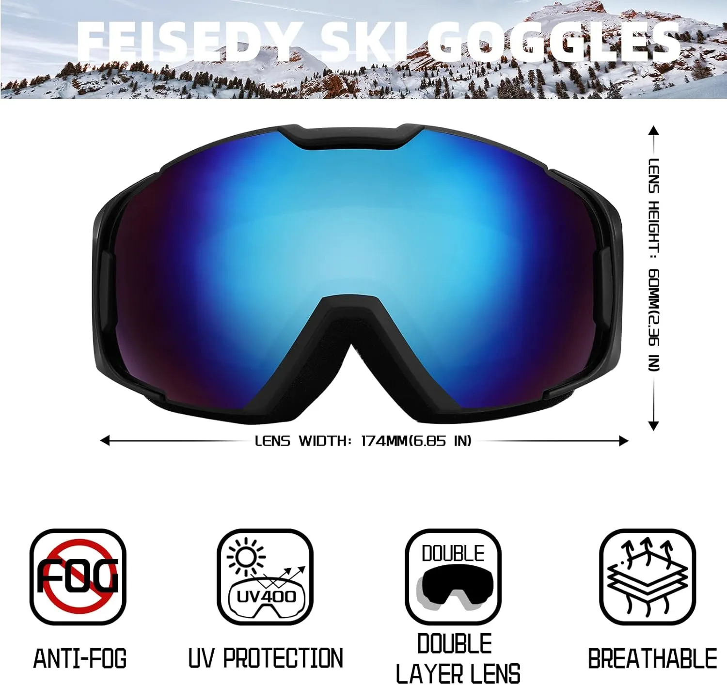 FEISEDY Ski Goggles, OTG Snow Sport Goggles for Adult Youth, Anti-Fog UV400 Protection Bendable Dual-Lenses B2961