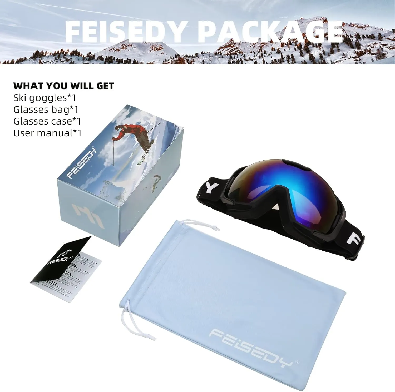 FEISEDY Ski Goggles, OTG Snow Sport Goggles for Adult Youth, Anti-Fog UV400 Protection Bendable Dual-Lenses B2961
