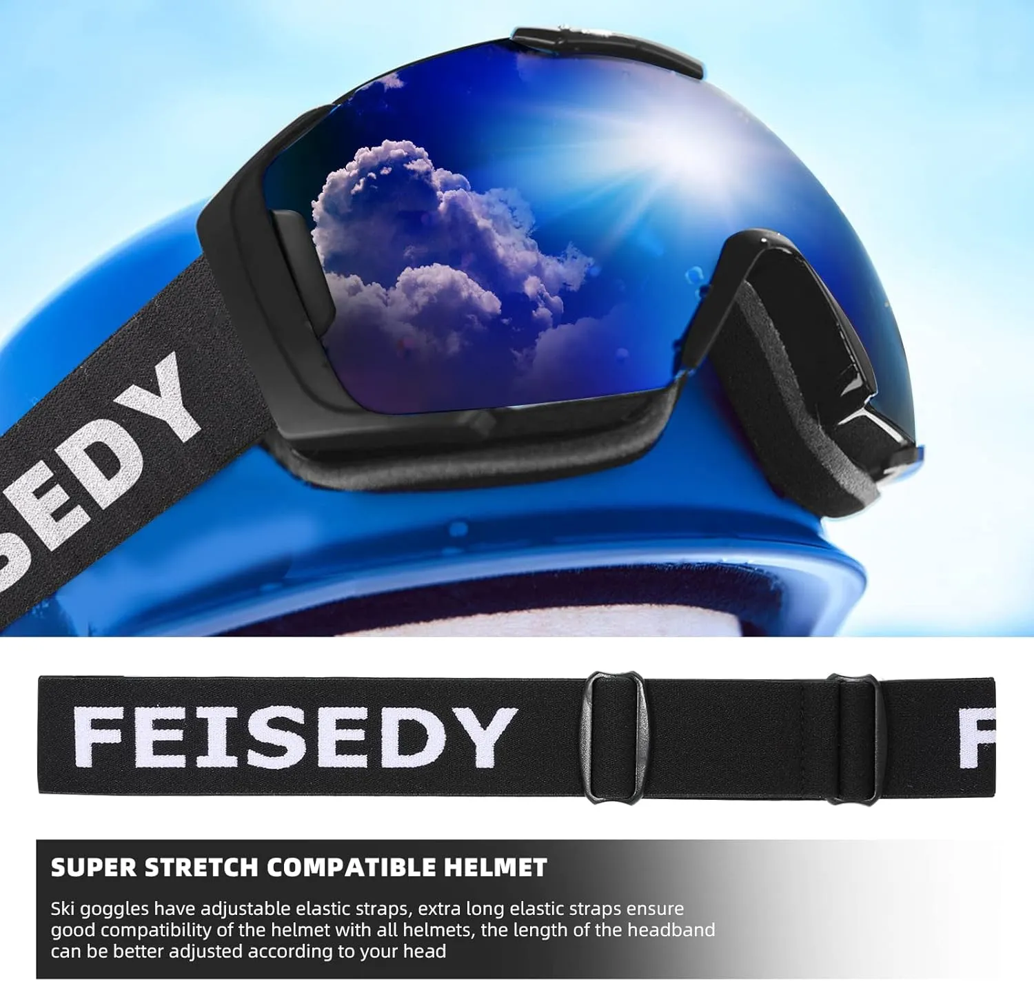 FEISEDY Ski Goggles, OTG Snow Sport Goggles for Adult Youth, Anti-Fog UV400 Protection Bendable Dual-Lenses B2961