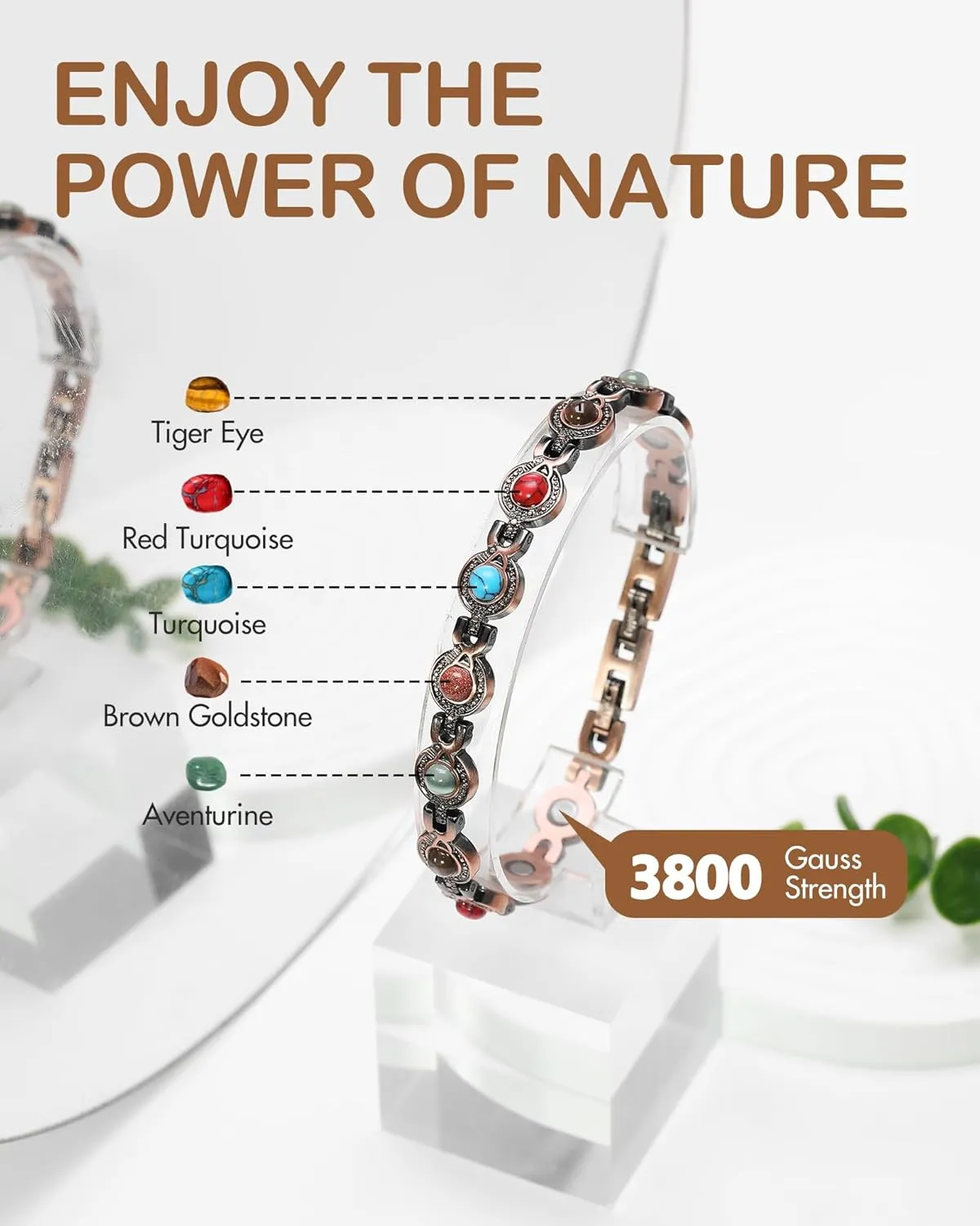 Feraco Pure Copper Bracelets for Women, Ultra Strength Magnetic Bracelet with 3800 Gauss Magnets & Natural Turquoise & Stones, Adjustable, Jewelry Gift