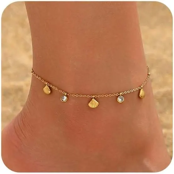Gold Ankle Bracelets for Women 18K Gold Plated Waterproof Starfish Sea Shell Pearls CZ Diamond Dangle Anklets Trendy Summer Beach Foot Chain Jewelry Gift