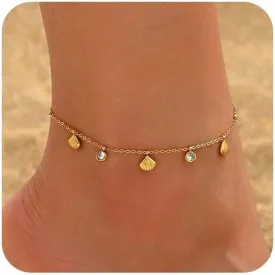 Gold Ankle Bracelets for Women 18K Gold Plated Waterproof Starfish Sea Shell Pearls CZ Diamond Dangle Anklets Trendy Summer Beach Foot Chain Jewelry Gift