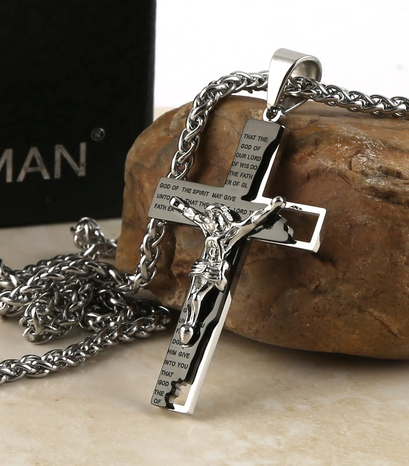 HZMAN Men's Stainless Steel Cross Crucifix Bible Prayer Pendant Necklace 22 2" Chain