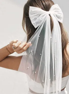 JEAIRTS Bridal Hair Bow Veil Pearl Wedding Hair Piece White Tulle Bow with Clip Bachelorette Party Hair Accessories for Women (Style 2)