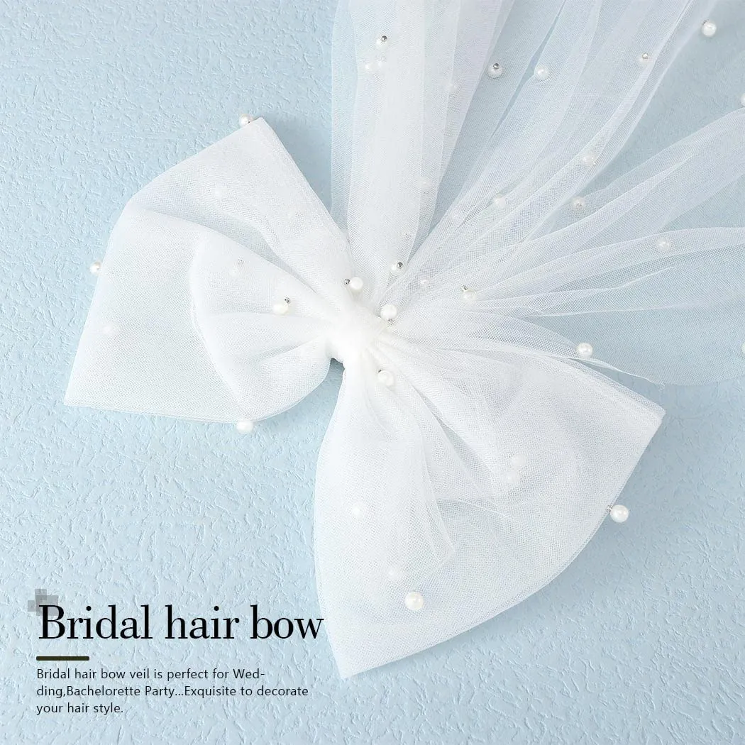 JEAIRTS Bridal Hair Bow Veil Pearl Wedding Hair Piece White Tulle Bow with Clip Bachelorette Party Hair Accessories for Women (Style 2)