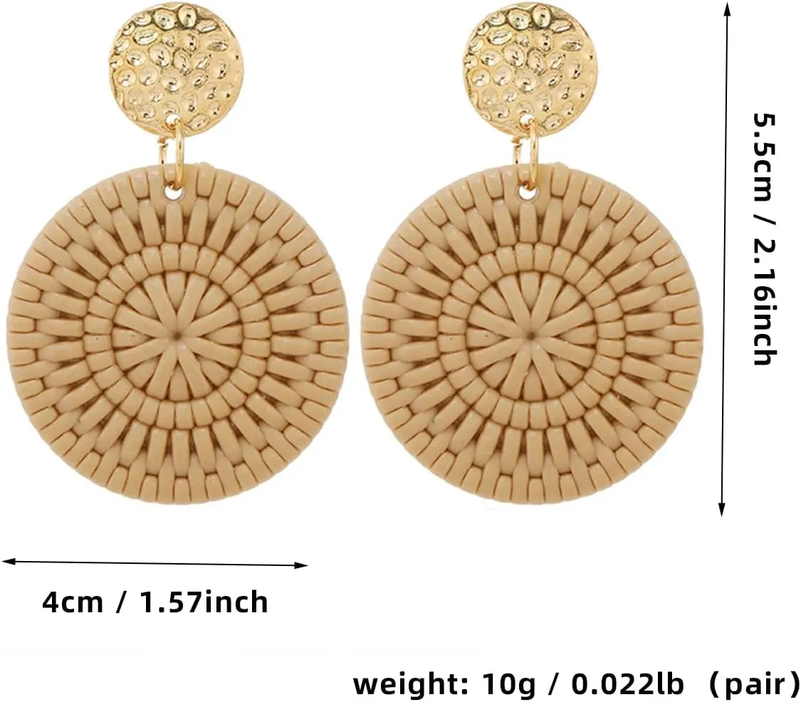 Knotted Rattan Geometric Tassel Woven Boho Acrylic Dangle Earrings Handmade Lightweight Straw Wicker Braid Hoop Drop Earrings For Women