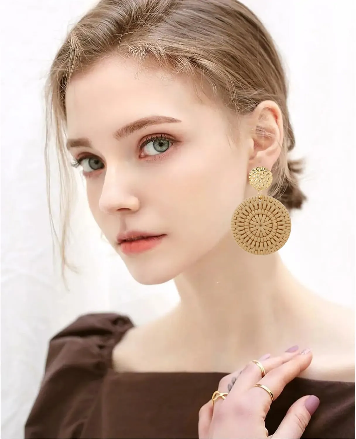 Knotted Rattan Geometric Tassel Woven Boho Acrylic Dangle Earrings Handmade Lightweight Straw Wicker Braid Hoop Drop Earrings For Women
