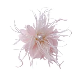 Lady Fascinator Feather Flower Brooch for Women Elegant Shell Pearl Mesh Blossom Hair Clip Wedding Corsage Lapel Pin Bridal Hairband Derby Hat Cocktail Party Costume Accessories (Pink)