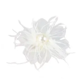 Lady Fascinator Feather Flower Brooch for Women Elegant Shell Pearl Mesh Blossom Hair Clip Wedding Corsage Lapel Pin Bridal Hairband Derby Hat Cocktail Party Costume Accessories (White)