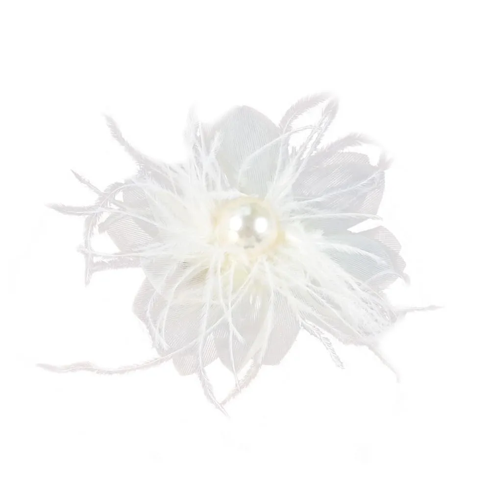 Lady Fascinator Feather Flower Brooch for Women Elegant Shell Pearl Mesh Blossom Hair Clip Wedding Corsage Lapel Pin Bridal Hairband Derby Hat Cocktail Party Costume Accessories (White)