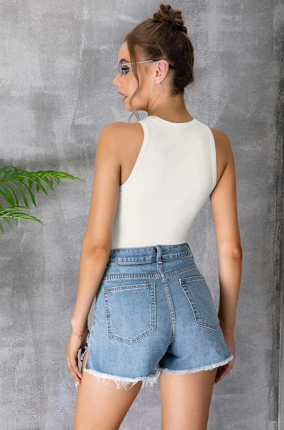 MANGDIUP Womens Basic Sleeveless Crewneck Bodysuits Slim Fit Stretch Cotton Tank Tops Halter Jumpsuits
