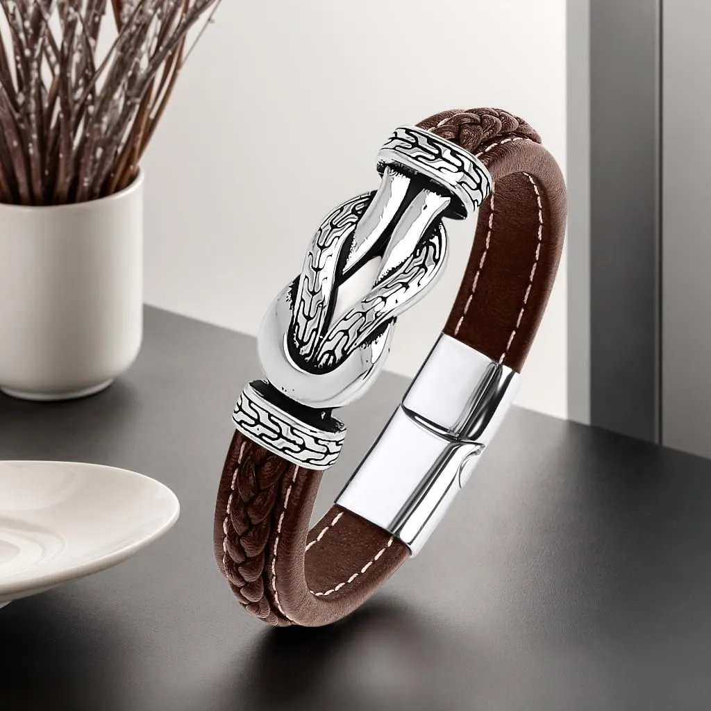 Men's Braided Leather Bracelet Wristband Cuff Bracelet for Men Gifts Stainless Steel Clasp