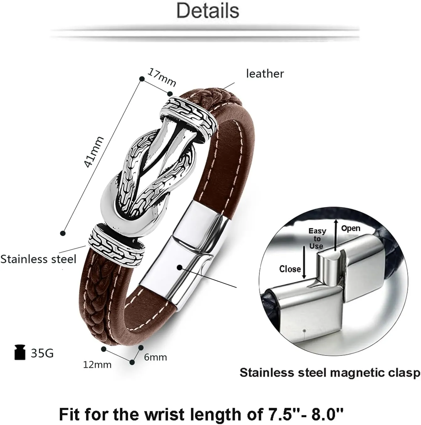 Men's Braided Leather Bracelet Wristband Cuff Bracelet for Men Gifts Stainless Steel Clasp