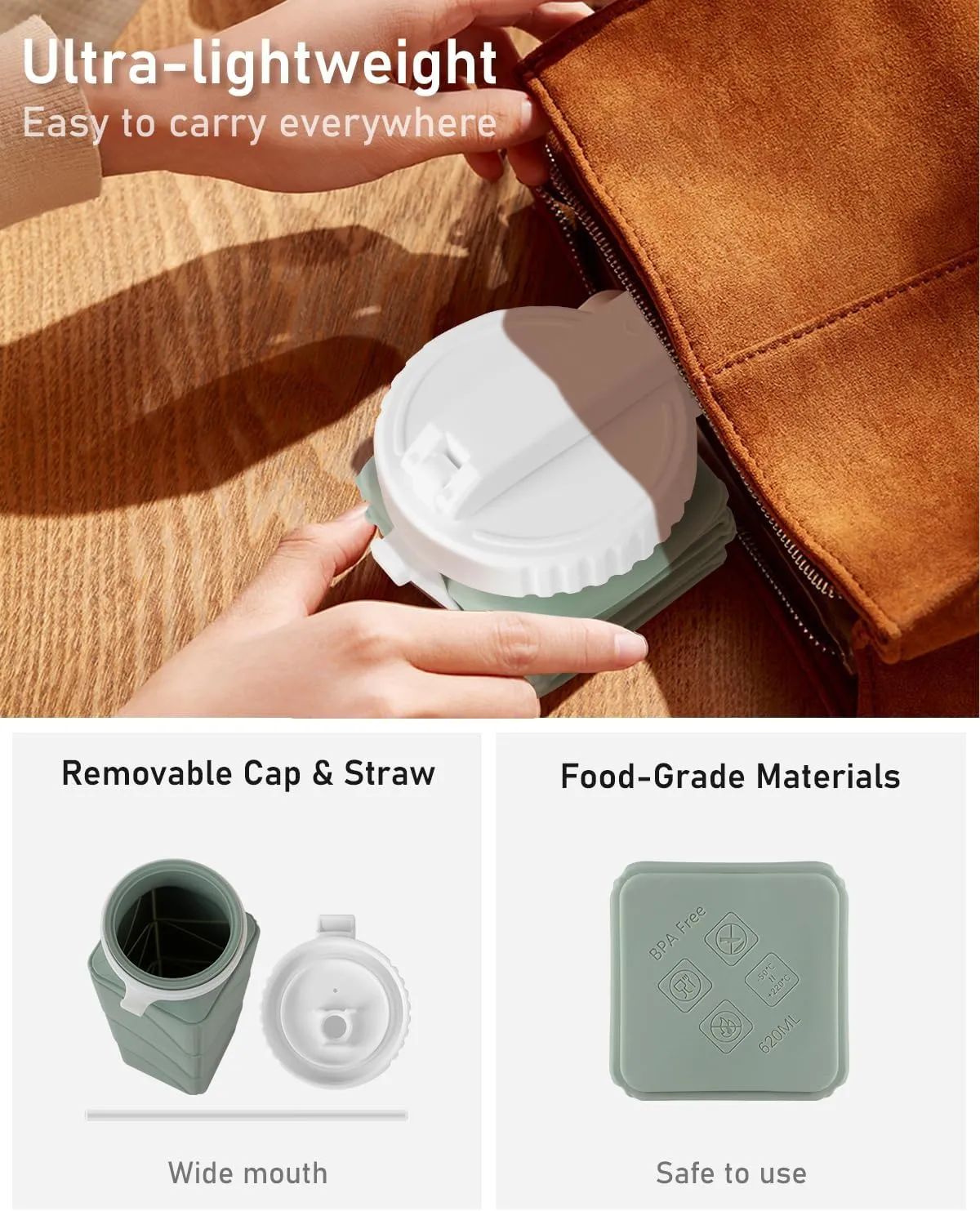 Opard Collapsible Water Bottles BPA Free Leak Proof Foldable Silicone Bottle with Anti-Collapse Ring for Travel Camping Hiking Running Sport
