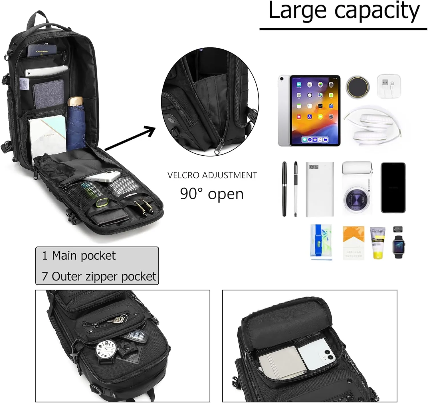 OZUKO Multipurpose Sling Bag for Men, Large Capacity Crossbody Shoulder Bag Waterproof Sling Chest Backpack with Tripod Holder Fit for Outdoor Travel Photography (Black)
