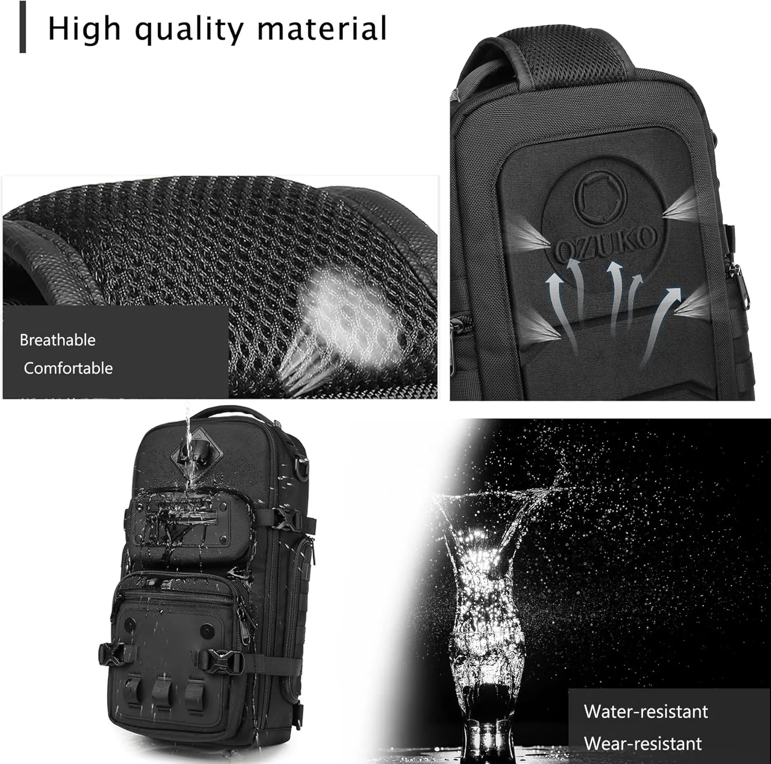 OZUKO Multipurpose Sling Bag for Men, Large Capacity Crossbody Shoulder Bag Waterproof Sling Chest Backpack with Tripod Holder Fit for Outdoor Travel Photography (Black)