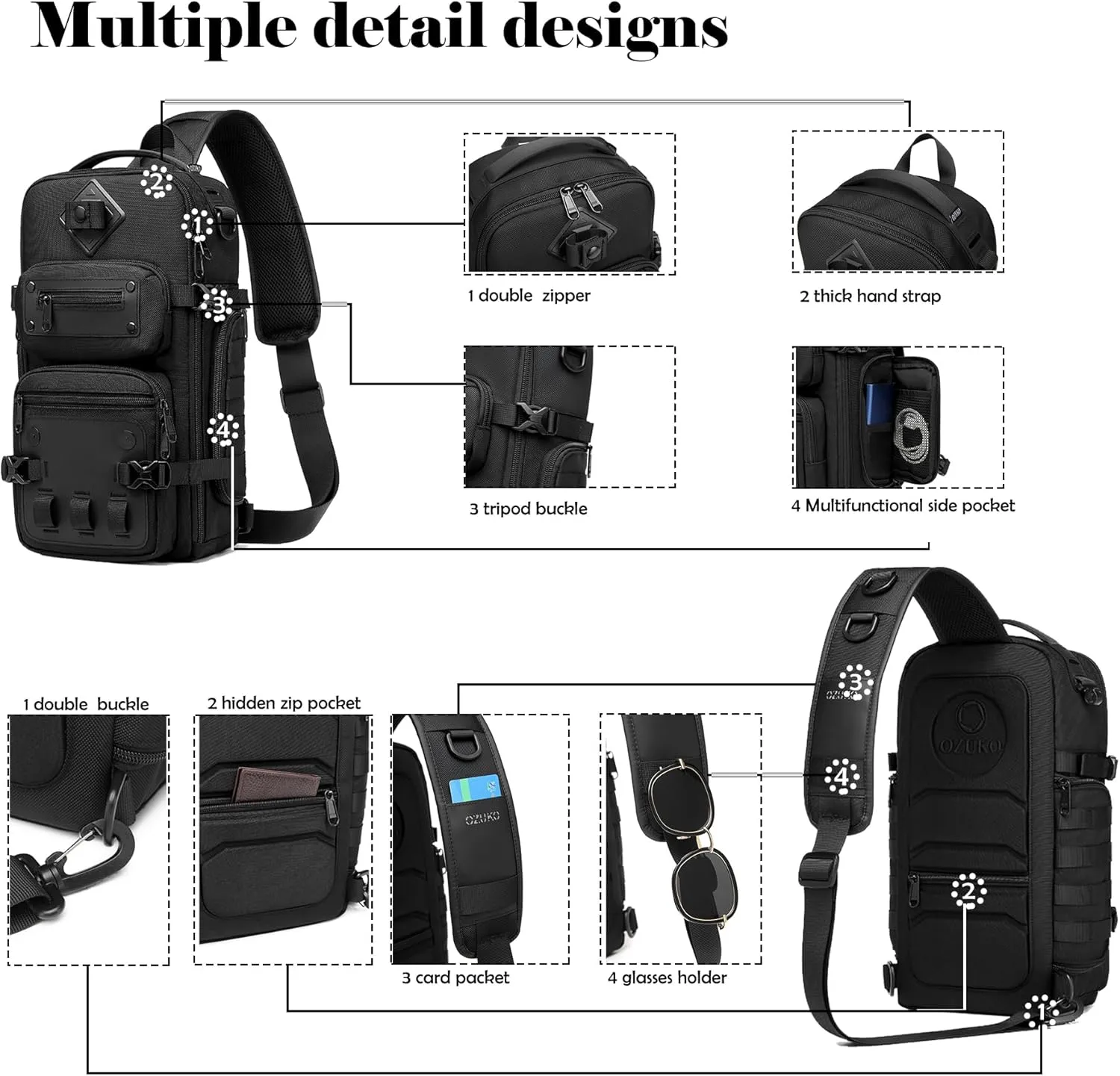 OZUKO Multipurpose Sling Bag for Men, Large Capacity Crossbody Shoulder Bag Waterproof Sling Chest Backpack with Tripod Holder Fit for Outdoor Travel Photography (Black)