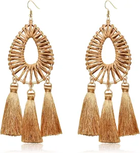 Raffia Tassel Earrings for Women Handmade Boho Rattan Tassel Dangle Earrings Geometric Statement Straw Wicker Braid Drop Earrings Summer Beach Woven Earrings Jewelry Gift