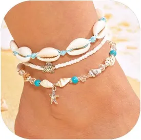 Rrdaily Starfish Shell Anklet Bracelet Set, Beach Jewelry for Women, Summer Boho Beachy Vacation Accessories