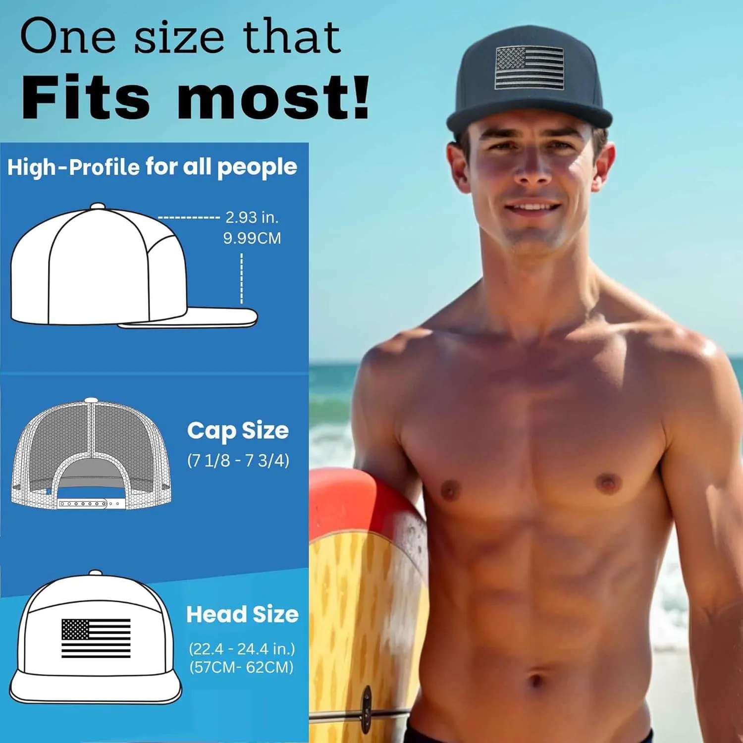 SHOHELL Flat Bill Baseball Cap, American Flag Hat, Water Resistant Snapback Hat, Flat Brim Golf Hat, Fishing & Outdoor Hats