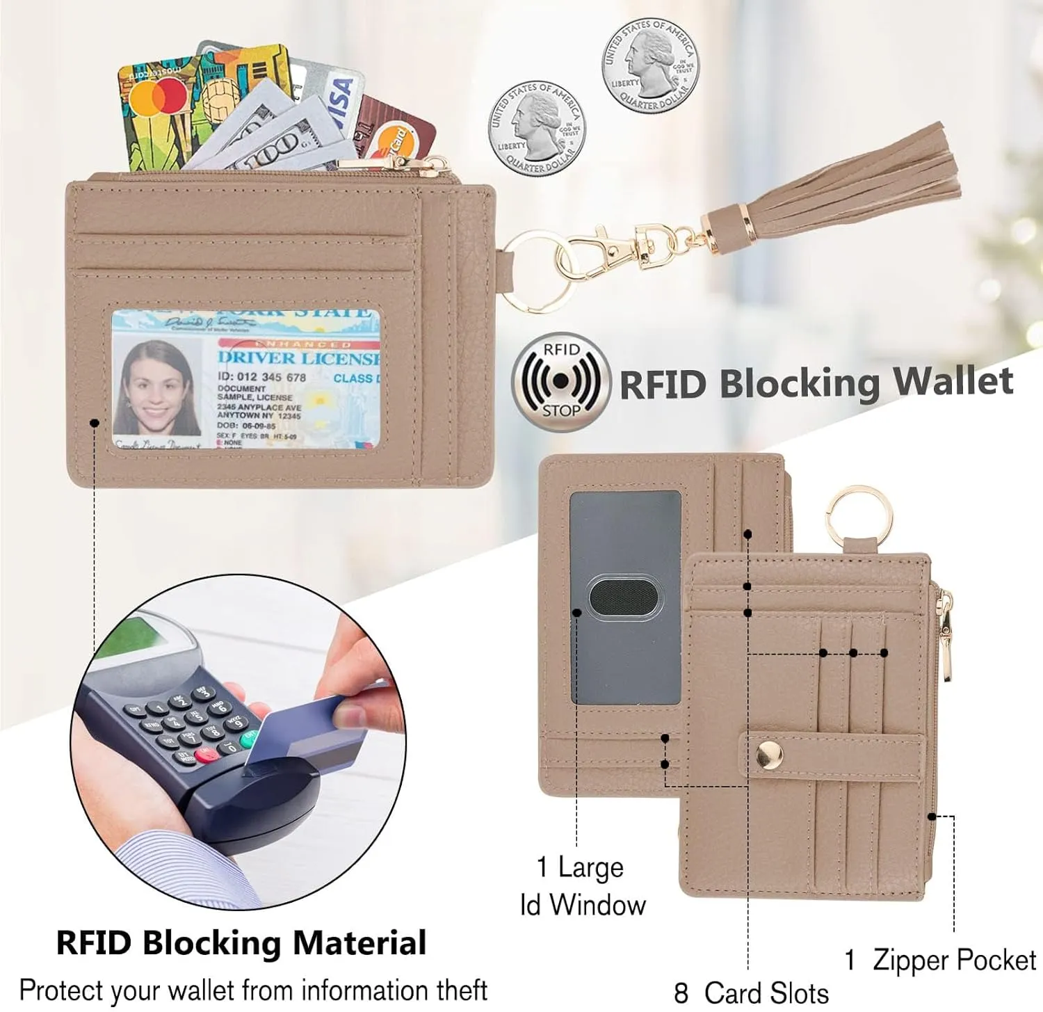 Small Wristlet Wallets for Women RFID Credit Card Holder Wallet Keychain Wristlet Wallet Credit Card Wallets for Women (Khaki)