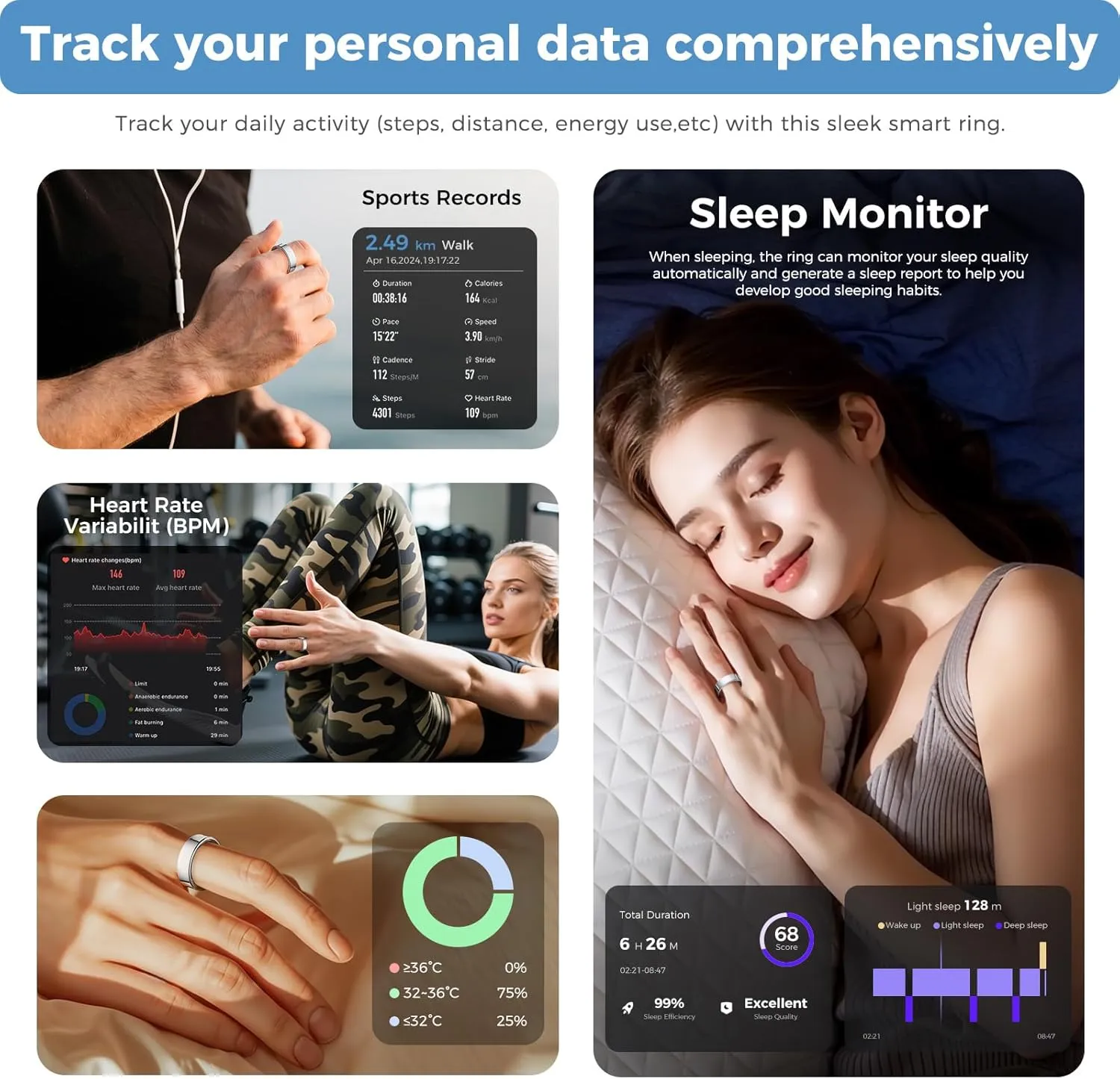 Smart Ring for Men and Women, Silver Fitness Tracker Ring with Heart Rate, Sleep Tracking, Step Counter, 170  Activity Modes, Gesture Control for Music and Video, IP68 Waterproof Siver #13