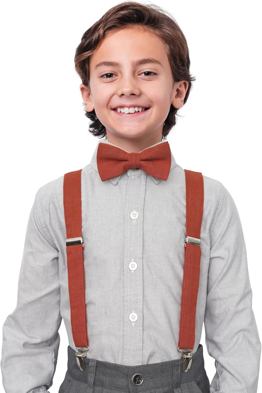 Solid Pre-tied Bow Tie and Suspenders Set for Boys and Youths Events, Parties, Wedding, Cotton and Linen