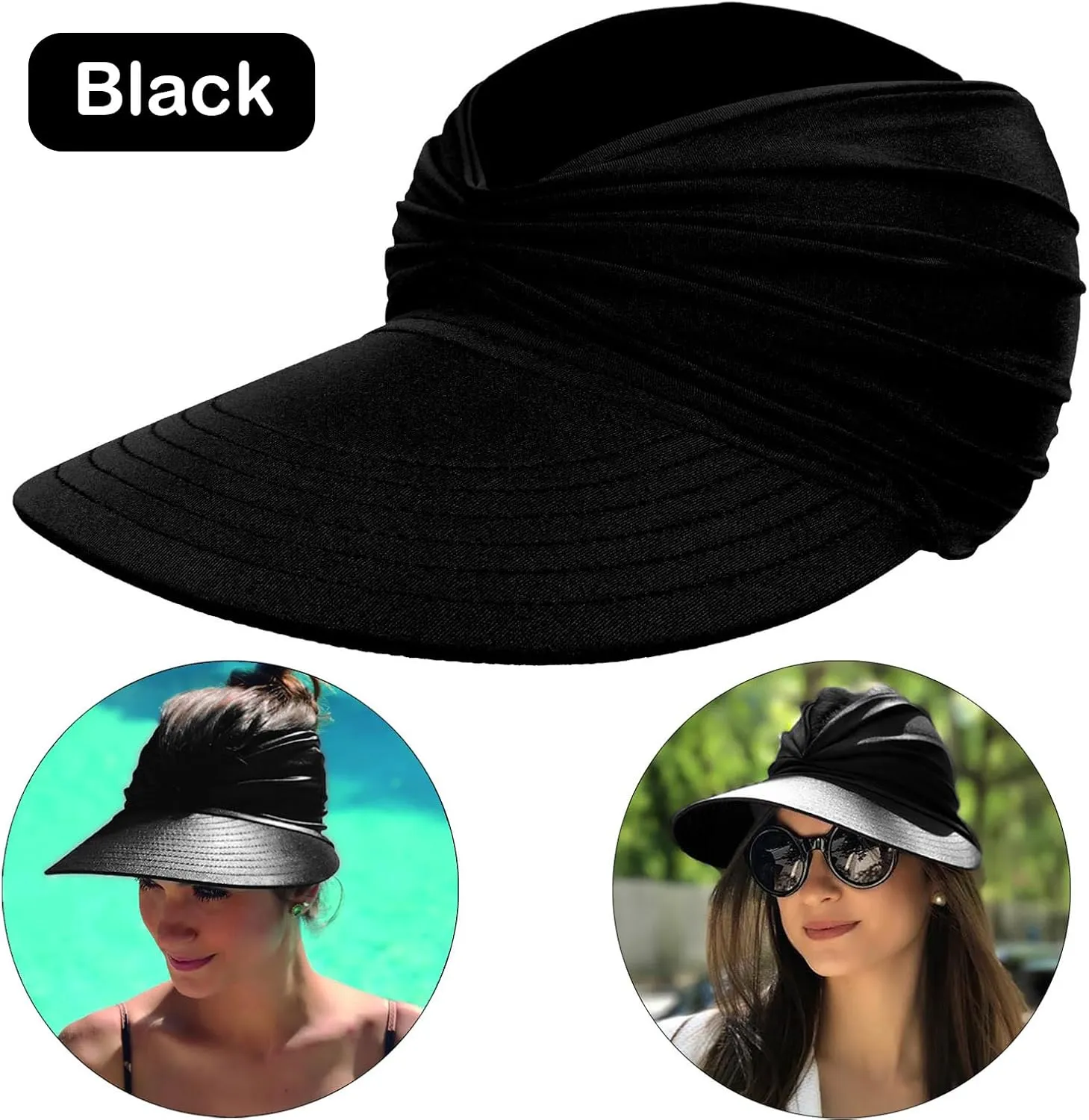 Sun Visor Hats for Women Beach Hat Packable Wide Brim UV Protection with Ponytail Hole Summer Sunhat for Sports