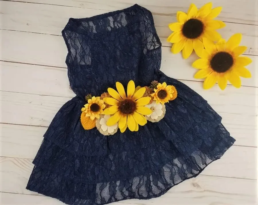 Sunflower Dog Dress, Navy Sunflower Wedding Dog Dress, Dog Flower Girl Dress, The Dorothy, Wedding Dog Dress, Dog Clothes (Large (12-18 lbs))