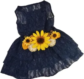 Sunflower Dog Dress, Navy Sunflower Wedding Dog Dress, Dog Flower Girl Dress, The Dorothy, Wedding Dog Dress, Dog Clothes (Large (12-18 lbs))