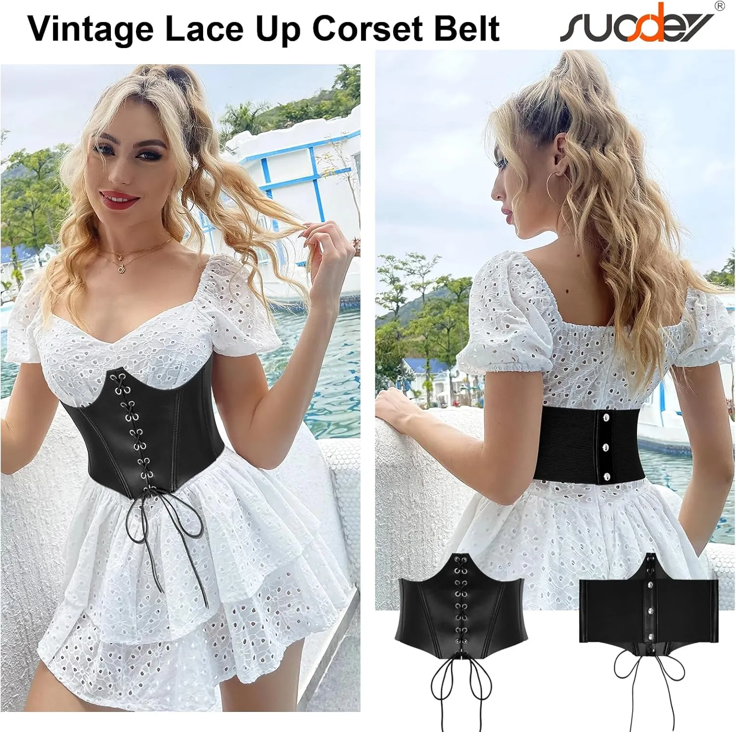 SUOSDEY Lace-up Cinch Bustiers Corset Belt for Women, Elastic Tie Waspie Wide Costume Waist Belt for Renaissance Halloween