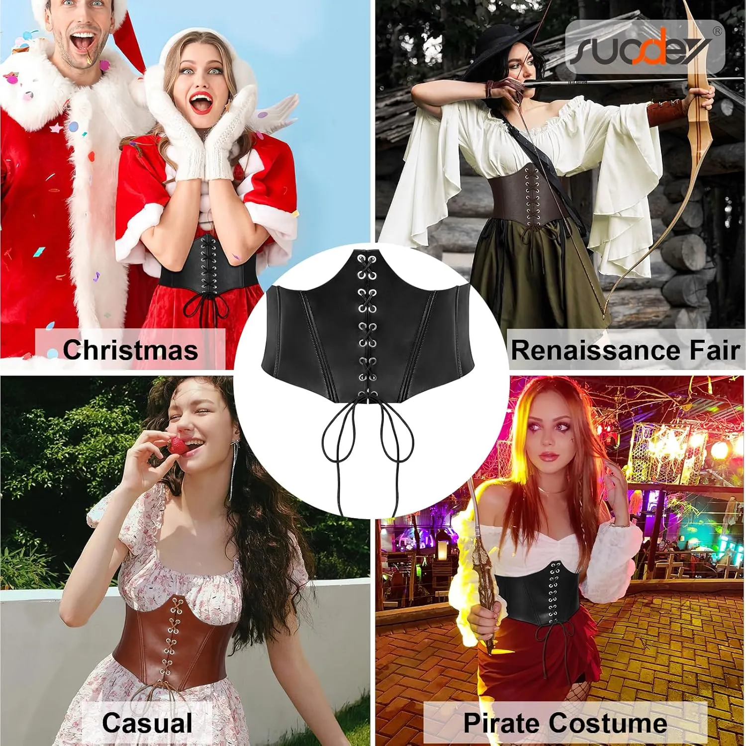 SUOSDEY Lace-up Cinch Bustiers Corset Belt for Women, Elastic Tie Waspie Wide Costume Waist Belt for Renaissance Halloween