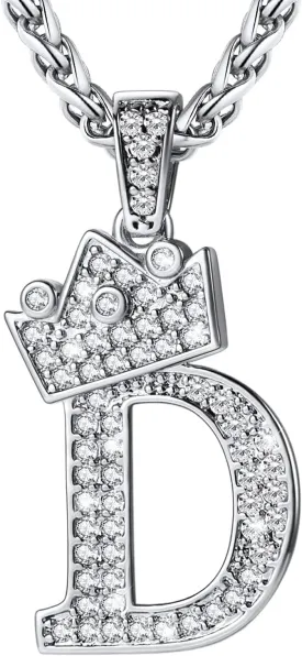 U7 Crown Initial A-Z Necklace, Iced Out Letter Pendant with 22-24 Inch Chain, Men Women Bling Hip Hop Alphabet Name Jewelry Big Initials Necklaces Color Steel,Black,Gold