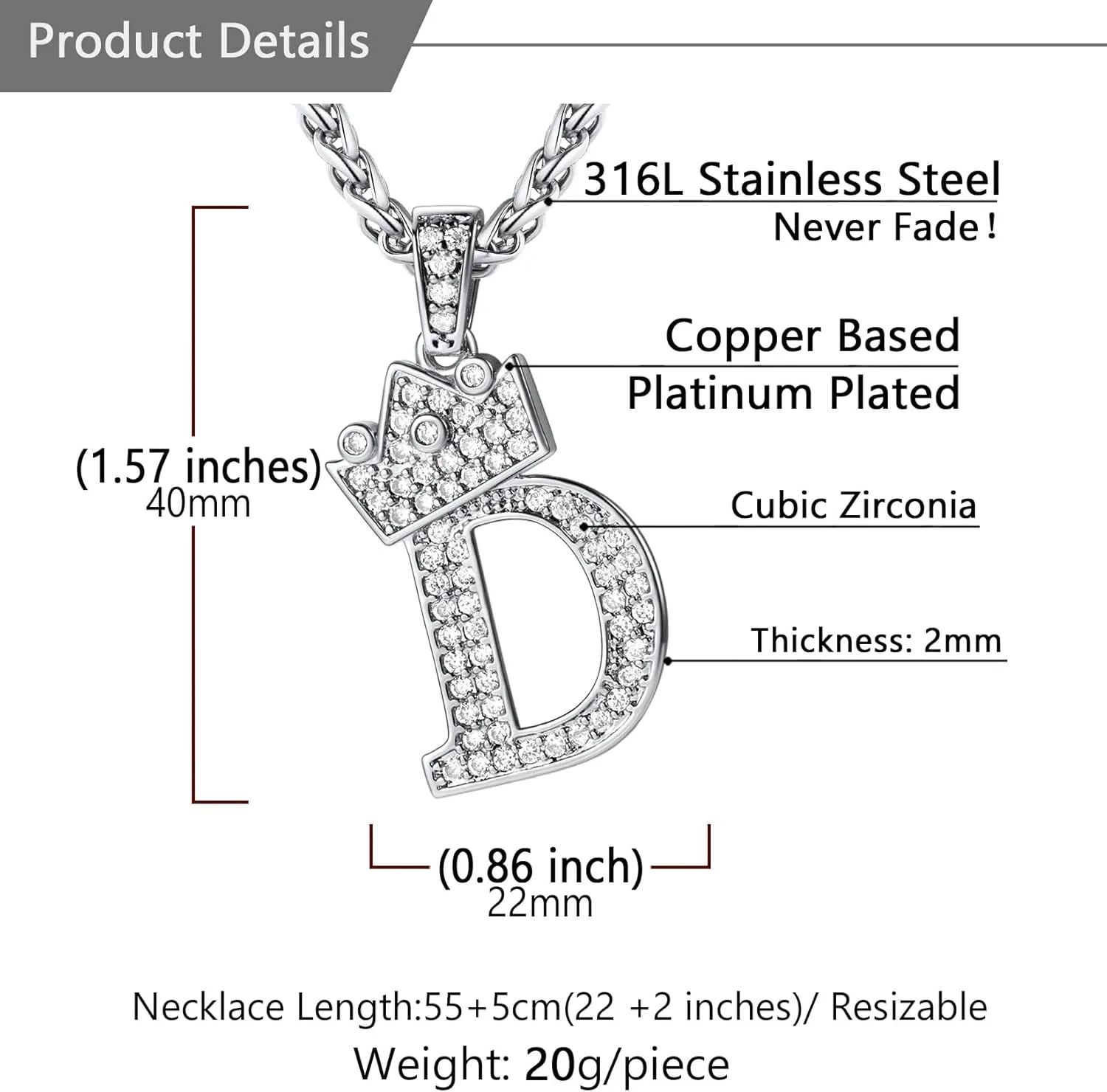 U7 Crown Initial A-Z Necklace, Iced Out Letter Pendant with 22-24 Inch Chain, Men Women Bling Hip Hop Alphabet Name Jewelry Big Initials Necklaces Color Steel,Black,Gold