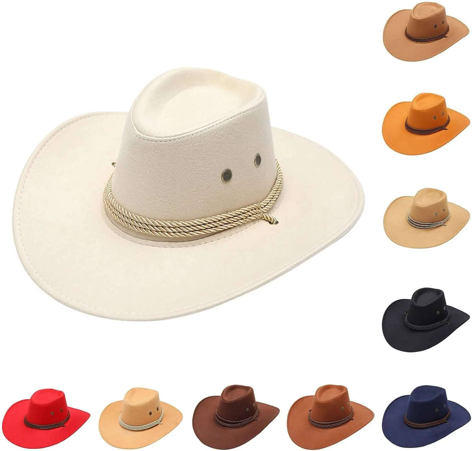 Women Men Classic Felt Wide Brim Western Cowboy Cowgirl Hat with Belt Buckle Outdoor Wide Brim Panama Hat