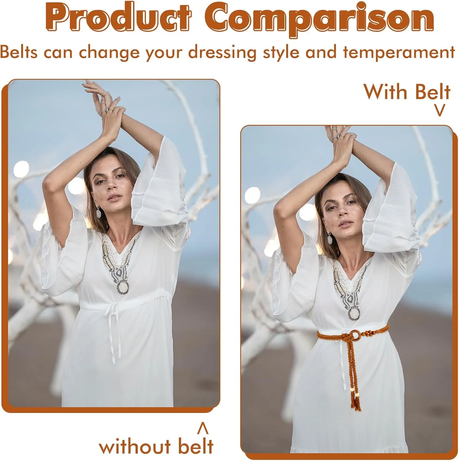 Women's Tassel Braided Waist Belt, Skinny Woven Belt for Dress Waist Belt Rope Chain with Woven Wooden Beads