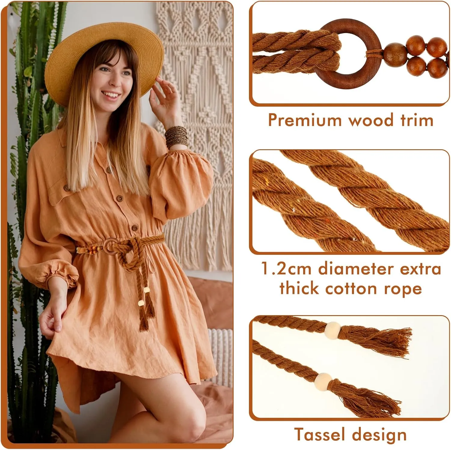 Women's Tassel Braided Waist Belt, Skinny Woven Belt for Dress Waist Belt Rope Chain with Woven Wooden Beads