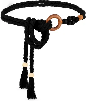 Women's Tassel Braided Waist Belt, Skinny Woven Belt for Dress Waist Belt Rope Chain with Woven Wooden Beads