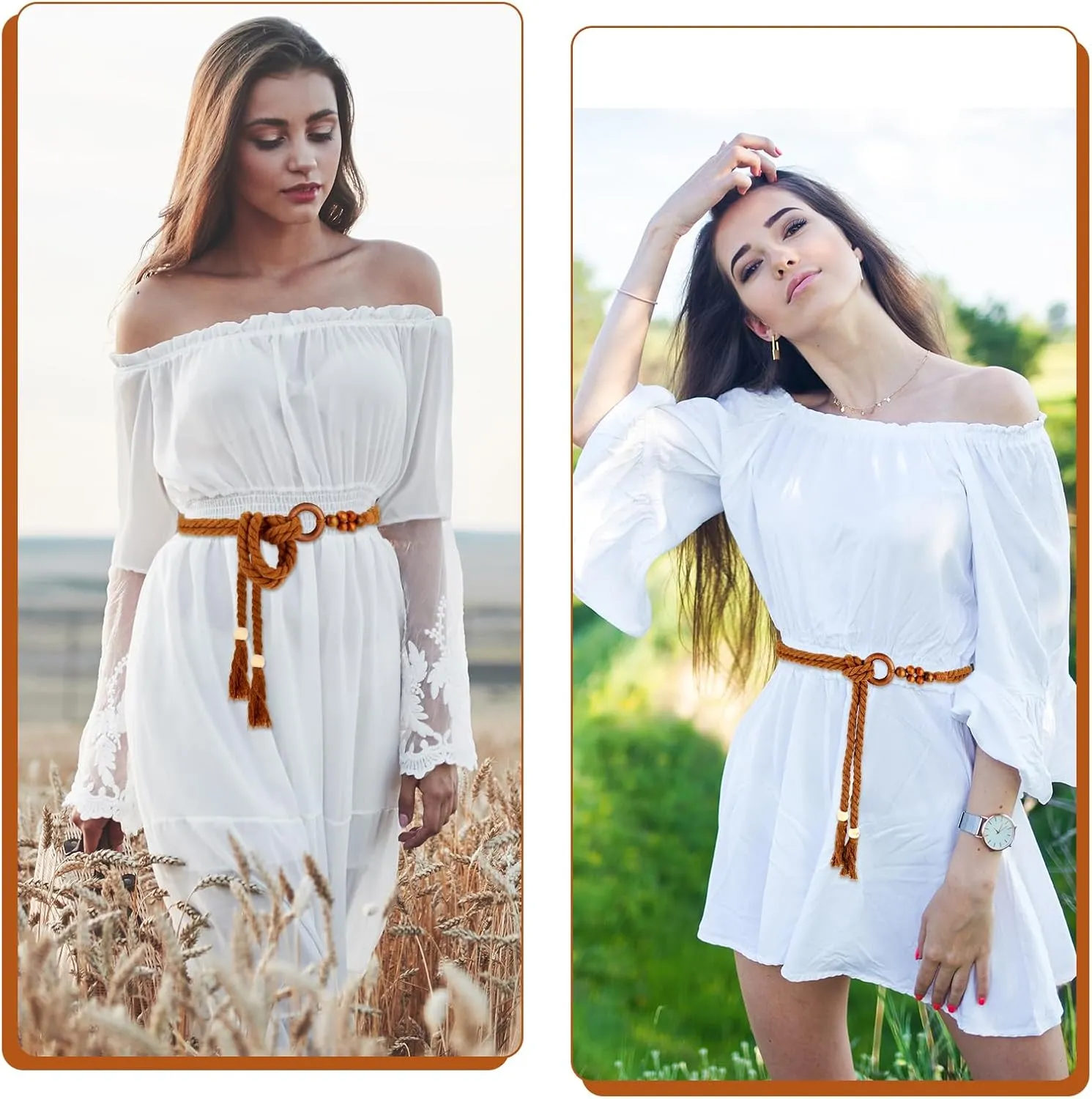 Women's Tassel Braided Waist Belt, Skinny Woven Belt for Dress Waist Belt Rope Chain with Woven Wooden Beads